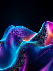 Fototapeta premium Vibrant abstract wave patterns with neon colors on a black background for modern design and tech purposes. A minimalist poster in metallic and chrome gradient style.