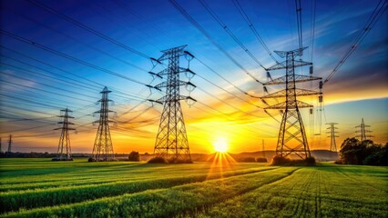 Majestic High Voltage Towers Against a Clear Blue Sky in Rural Landscape, Energy Infrastructure View