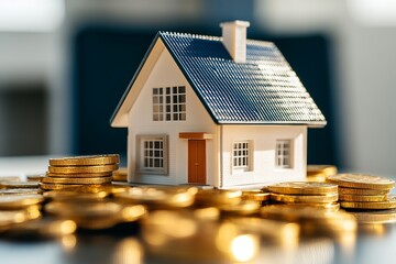 A Small House Model On An Office Table Is Surrounded By Stacks Of Gold Coins, Symbolizing Real Estate Ownership And Wealth.