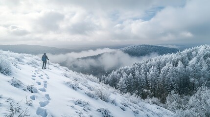 Snowy landscape with a lone hiker exploring nature.