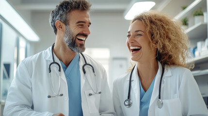 Fototapeta premium Happy doctors laughing together in modern medical office, showcasing teamwork and positivity in healthcare. Their friendly expressions create warm and inviting atmosphere