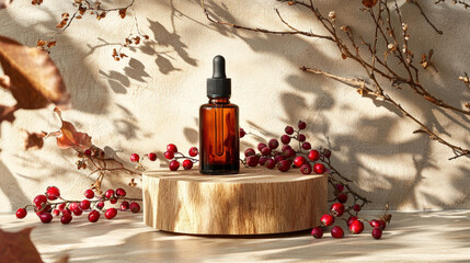 A dropper bottle of face oil sits elegantly on wooden platform, surrounded by vibrant red berries and delicate branches, creating serene and natural atmosphere
