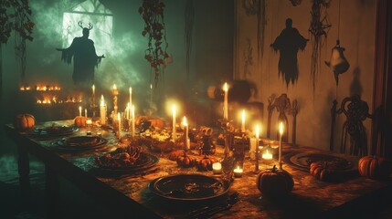 Fototapeta premium Eerie Candlelit Autumn Harvest Feast in Haunted Cabin