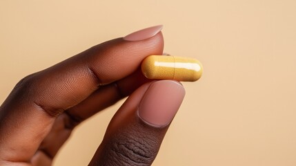 Close-up hand holding yellow capsule against beige background copy space, representing healthcare, medication, and wellness. Modern pharmaceutical solutions and personal care.