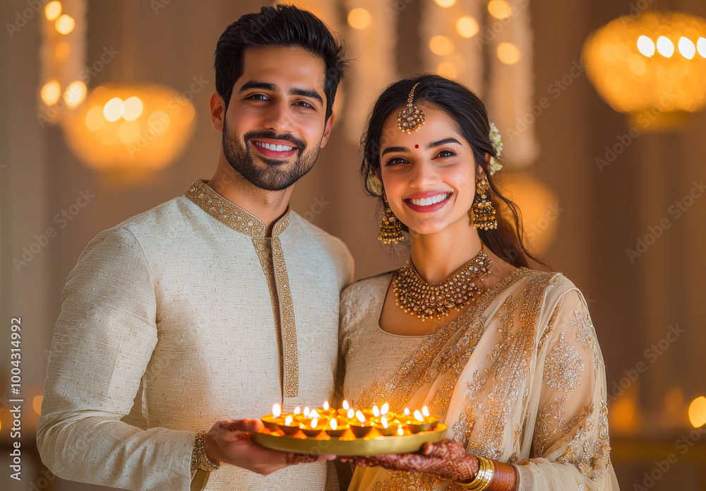 Sticker young indian couple holding oil lamp plate together on diwali