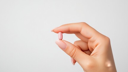 Close-up woman hand holding single pink pill against white background, symbolizing medication, healthcare, and treatment. Personal care and modern pharmaceutical solutions for health and wellness.