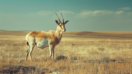Naklejka premium Vigilant Antelope Stands Tall in Vast Savanna Landscape