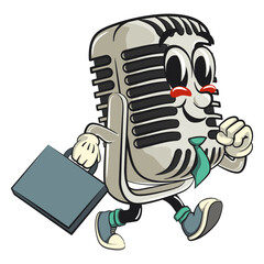 vintage microphone cartoon character mascot retro vector design wearing a tie and carrying a suitcase rushing to the office, work of hand drawn
