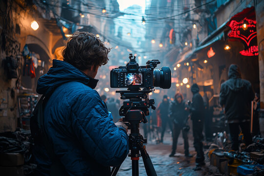 A professional photographer setting up a shot in a studio, with lighting equipment and a camera on a tripod. - Powered by Adobe