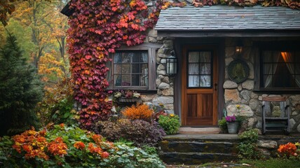 Stone Cottage Adorned with Autumn Foliage and Ivy