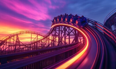 Neon-Lit Roller Coaster Track Against a Colorful Sunset Sky, AI generated illustration