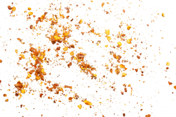 dried red chili pepper flakes and seeds isolated on white background