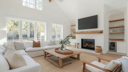 Fototapeta premium A bright and airy living room featuring cozy white sectional sofa, wooden coffee table, and modern fireplace. Large windows allow natural light to fill space, creating warm and inviting atmosphere