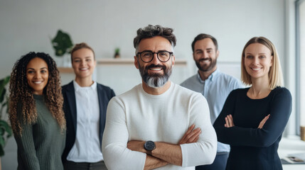Obraz premium A diverse group of professionals stands confidently together in modern office setting, showcasing teamwork and collaboration. Their smiles reflect positive and engaging work environment