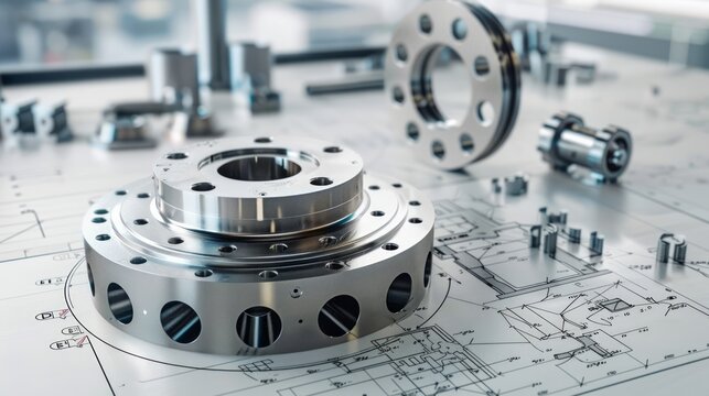 A technical drawing of a complex metal part, with dimensions and tolerances clearly indicated, next to a 3D model of the same part, highlighting the design process