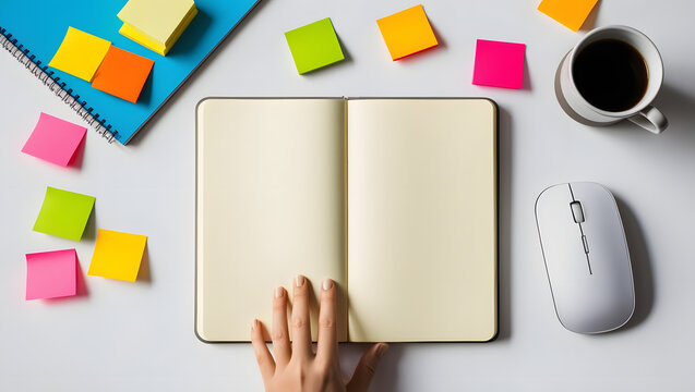 Open Notebook: A hand reaches towards an open notebook on a desk, surrounded by colorful sticky notes, a cup of coffee, and a computer mouse.  Ready to jot down ideas or begin a new project. - Powered by Adobe