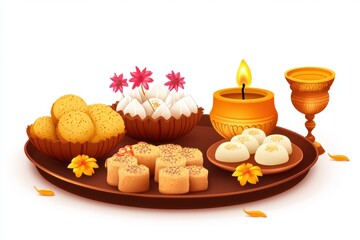 Diwali sweets and diya lamps on festive tray