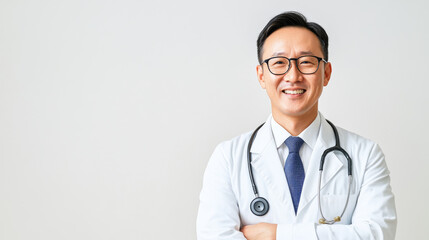 Fototapeta premium A smiling doctor in white coat stands confidently with arms crossed, showcasing professionalism and approachability. His stethoscope adds to medical theme, creating sense of trust and care