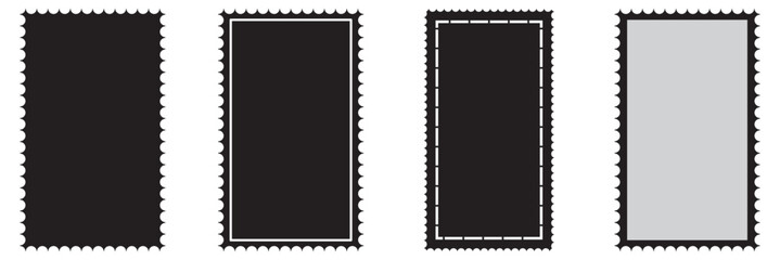 Vintage blank postage stamps isolated on white background.Collection perforated paper mark. Flat design.  Postage perforated templates collection. Paper postmarks set. Empty stamps. Postal shapes 