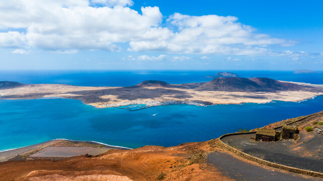 Aerial view of La graciosa in Lanzarote Canary Island