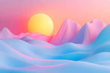 3D Render of a Surreal Landscape with Pastel Mountains and a Yellow Sun