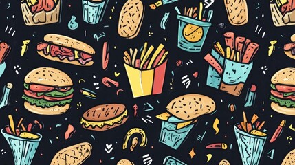 Fast Food Doodle Art Pattern Design with Simple Shapes and Colors