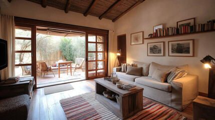 A cozy living room featuring comfortable sofa, wooden furniture, and warm atmosphere. space opens to serene outdoor area, creating perfect blend of indoor and outdoor living