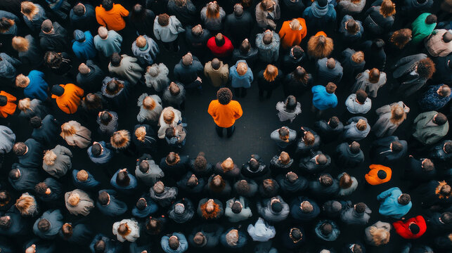 A vibrant crowd scene featuring diverse group of people, with one individual in an orange shirt standing out among many. image captures sense of unity and individuality within large gathering