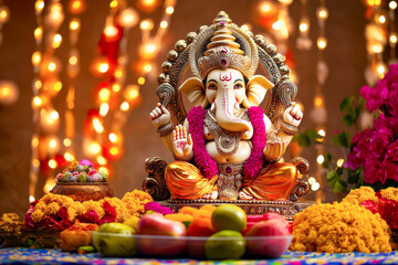 Fototapeta premium decorated Ganesha statue with flowers
