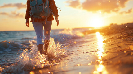 A person walks along sandy beach at sunset, creating splashes in water. warm glow of sun reflects on waves, evoking sense of tranquility and adventure