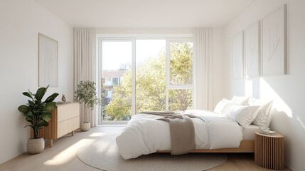 Fototapeta premium A bright and airy bedroom featuring large window with view of trees, cozy bed with white linens, and minimalist decor. space exudes tranquility and modern elegance
