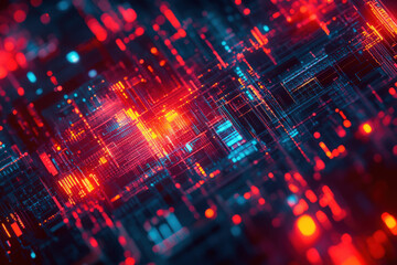 Fototapeta premium Vibrant digital landscape illuminated by glowing neon lights in a complex network of data and technology at night. Generative AI