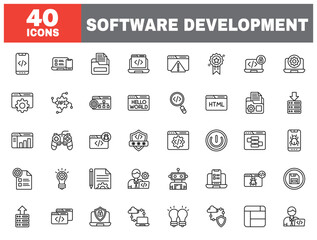 Set of 40 line icons software development. Outline icon collection. Editable stroke. Vector illustration.