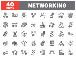Set of 40 line icons networking. Outline icon collection. Editable stroke. Vector illustration.
