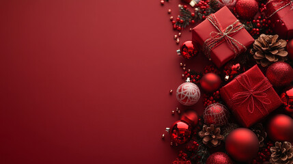 Festive red background with beautifully wrapped Christmas gifts, ornaments, and pine cones creates warm holiday atmosphere. Perfect for seasonal celebrations