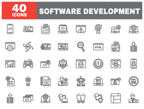Set of 40 line icons software development. Outline icon collection. Editable stroke. Vector illustration.