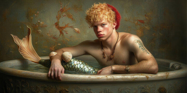 Merman in a Marble Tub: A captivating portrait of a young merman with fiery red hair, resting in an antique marble bathtub. His expression is both alluring and mysterious.