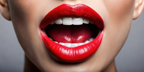 Obraz premium Vibrant red lipstick on a woman with her mouth wide open in a dramatic pose