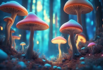 abstract surreal bioluminescent celestial mushroom paradise forest, fantasy, illustration masterpiece. Incorporate vibrant colors swirling 300dpi
