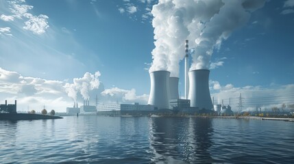 Powerful Nuclear Plant with Cooling Towers and Steam