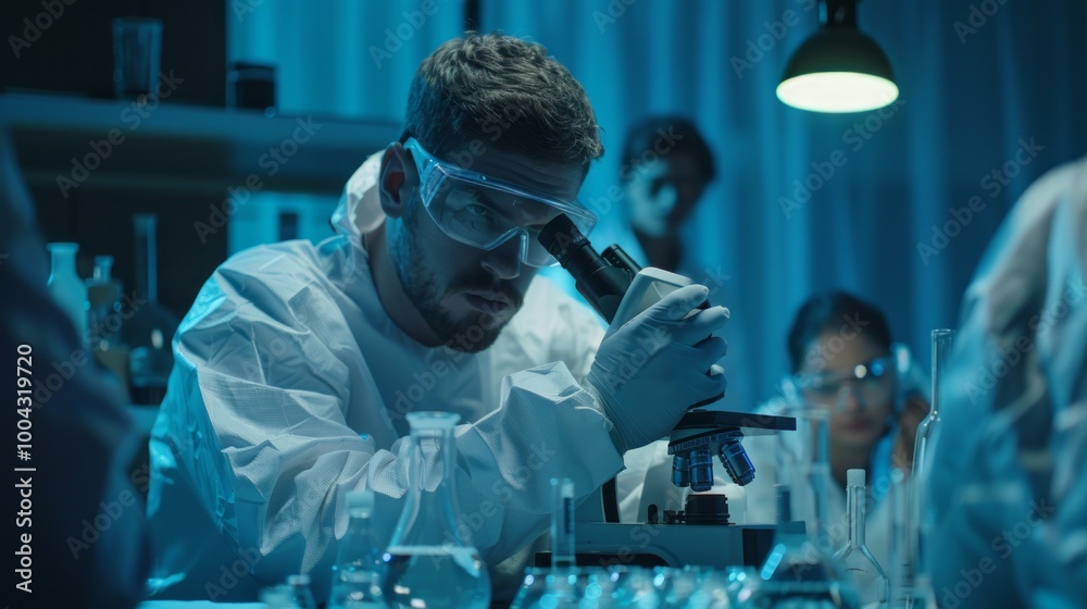 Poster a man in a lab coat is looking through a microscope