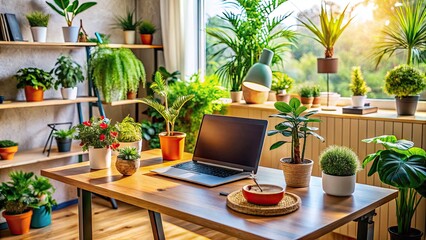 Fototapeta premium Modern Home Office Setup with Laptop, Desk, and Plants for Remote Work and Telecommuting Lifestyle