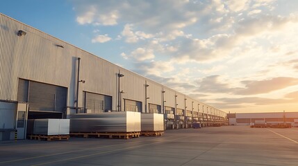 Industrial Building Exterior with Pallet of Metal Boxes at Sunset