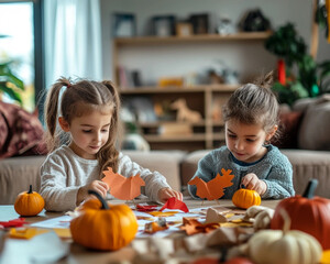 Fototapeta premium Children making Thanksgiving-themed crafts