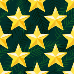 Vector seamless Christmas pattern with shiny starss and fir branches on dark green background