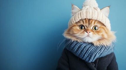 A fluffy cat sits proudly wearing a cozy knitted hat and a warm scarf, showcasing its expressive eyes