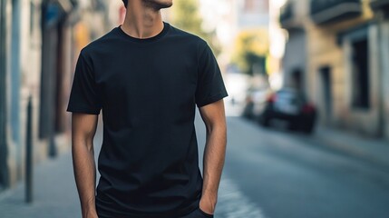Fototapeta premium Young Model Shirt Mockup, Boy wearing black t-shirt on street in daylight, Shirt Mockup Template on hipster adult for design print, Male guy wearing casual t-shirt mockup placement .generative ai