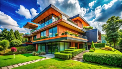 Obraz premium Modern Zinchouse Architecture with Unique Design Elements Surrounded by Lush Green Landscape