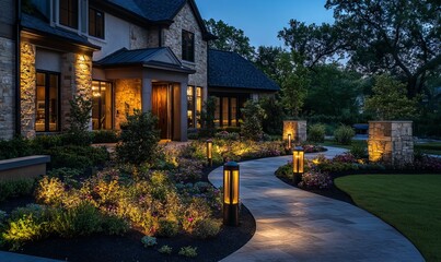 Elegant Pathway Lighting at a Luxury Home Entrance, AI generated illustration