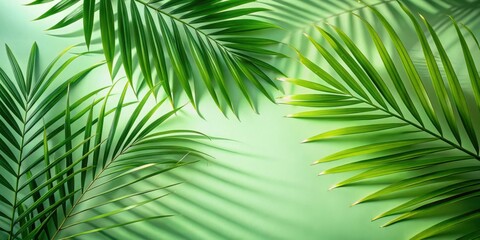 Natural sunlight casting shadows of green palm leaves on a light green surface